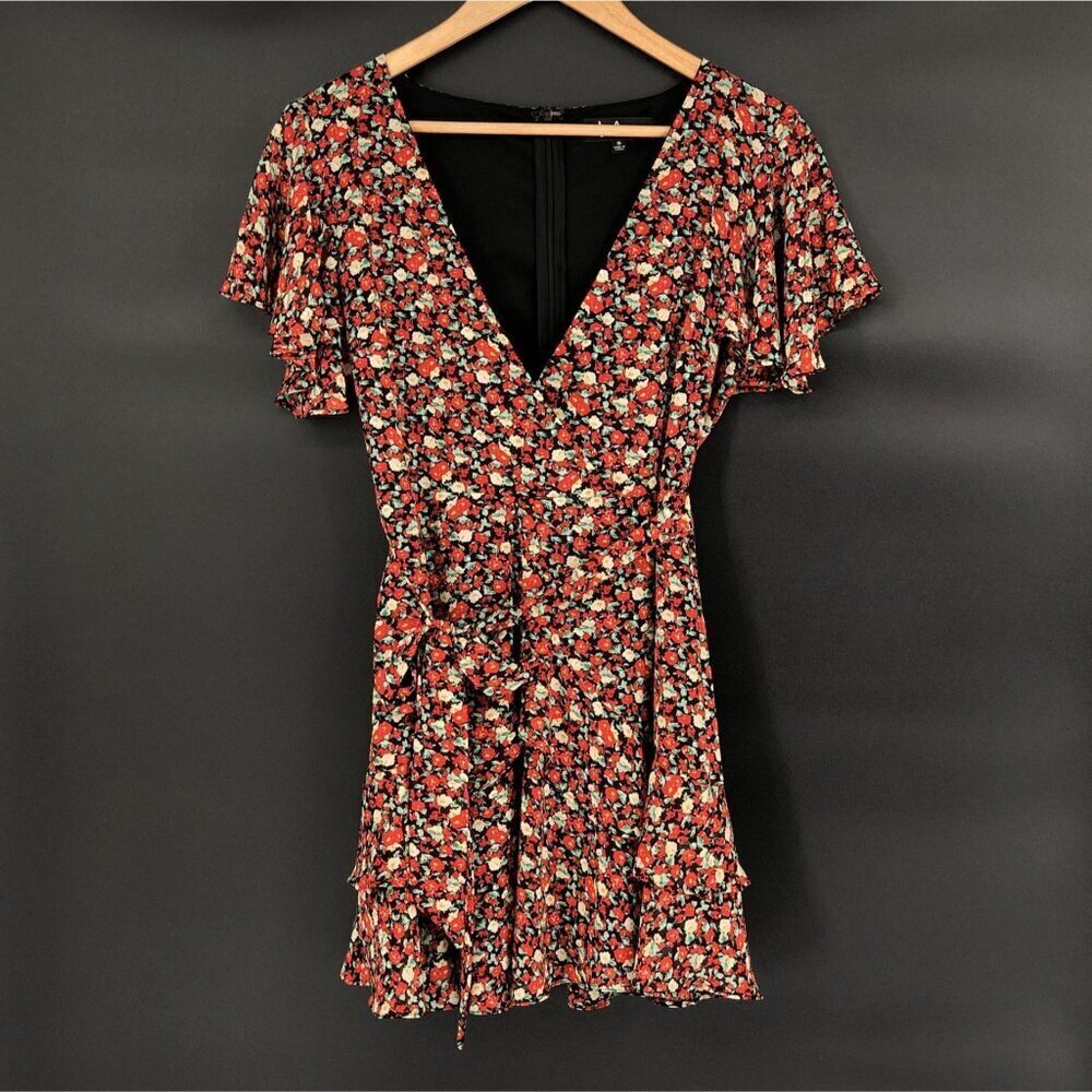 Lulus Boho Floral Faux Wrap Dress S Black/Red Flutter Sleeve Party Date Night